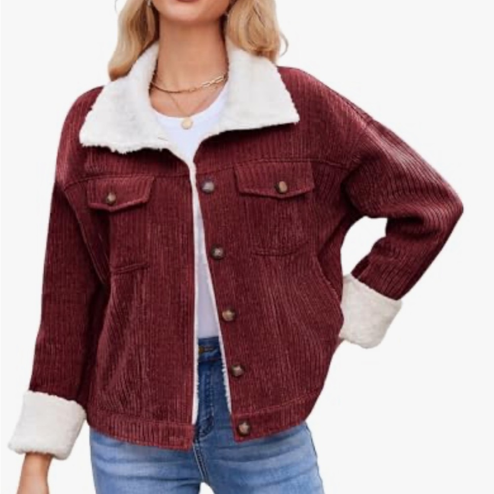 Zaful L NWOT Women's BRIGHT RED Corduroy Sherpa LINED Jacket